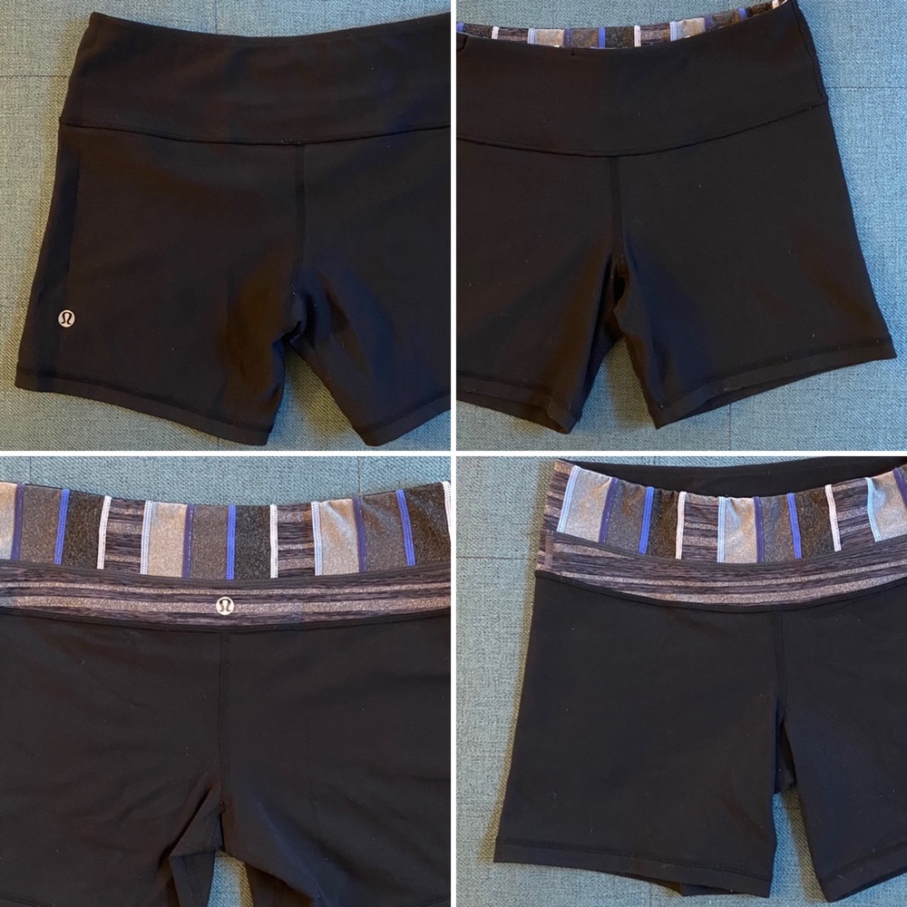lululemon Reversible Biker Short 6, black w/ blue gray stripe, hidden pocket EUC